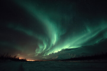 Naklejka premium Northern Lights Illuminating Snow-Capped Peaks at Night