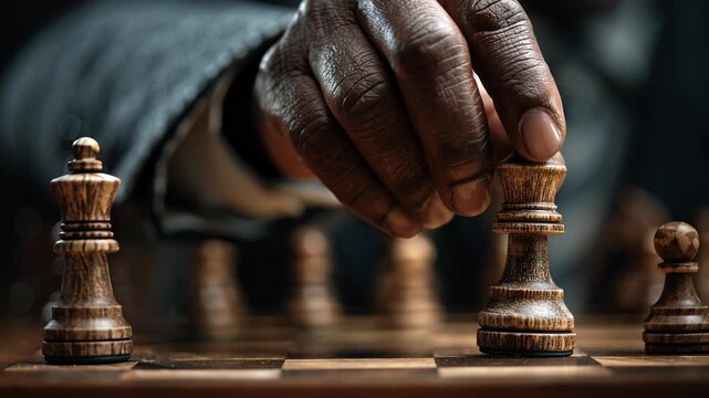 Close-up of an African American businessman's hand moving the queen chess piece on his board, symbolizing strategic thinking and determination. 