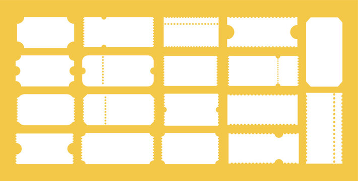Admit one tickets minimalist mockups. Set of Ticket patterns for cinema, circus, theater, festival, casino, club. Boarding blanks, lottery, sale coupons. Blanks backgrounds layout. Empty template.