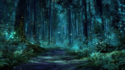 A path through a forest with fireflies