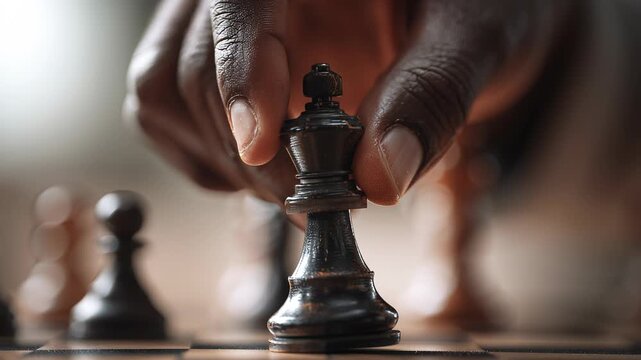 Close-up of an African American businessman's hand moving the queen chess piece on his board, symbolizing strategic thinking and determination. 