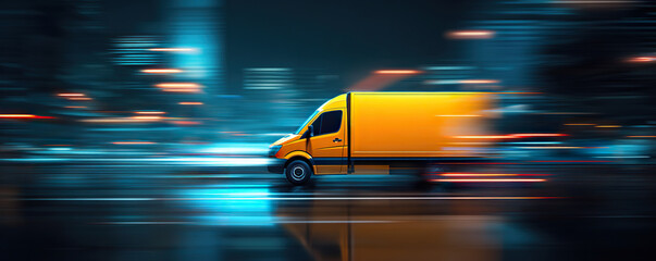 Express cargo transport concept with yellow van and urban light trails