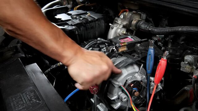 Medium shot showing detailed inspection of alternator components with specialized tools focusing on verifying mechanical and electrical integrity