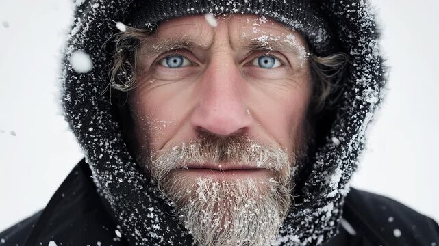 An explorer with snow on his face, wearing warm and with blue eyes. he is in the arctic ice-covered landscape, looking directly at the camera.