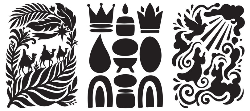 Three Wise Men on camels following a star, with crowns, a dove, and abstract shapes, representing a nativity scene.