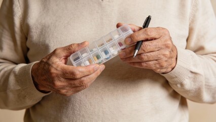 Senior hands holding a weekly pill organizer and pen