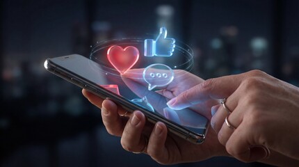 Social media interaction concept, smartphone with glowing 3d holographic icons, heart like and comment symbols, digital marketing technology, night city bokeh background, abstract networ.