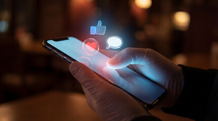 Smartphone social media concept with glowing 3d icons, hand holding phone showing like heart and chat bubble symbols, digital communication network background, for business, marketing, technology, app