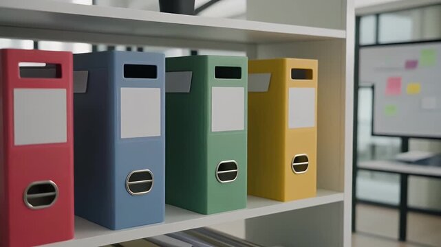 Colorful office binders organized on a shelf, perfect for presentations and data management