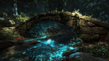 A small stream in a forest with a bridge