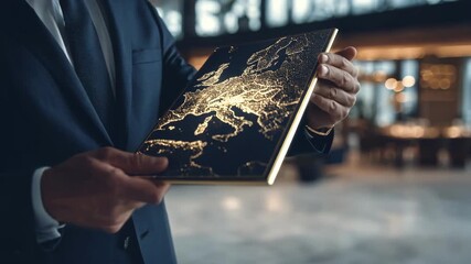 Opulent travel agent presenting a bespoke luxury vacation package on a sleek tablet showcasing exclusive personalized itineraries in a modern office setting.