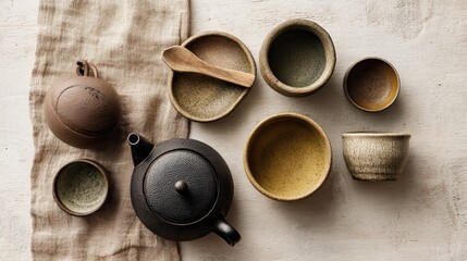 A table with a variety of different colored pottery