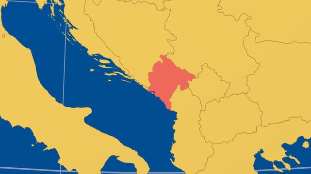Montenegro on Globe. Animated zoom into the country in Ocean Blue Golden Yellow color palette. Montenegro logo animation. Map with meridians, parallels. Classic video.