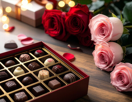 バレンタイン  Valentine 078 Romantic Valentine Table Setting for Two with Roses and Chocolates (薔薇とチョコレートで彩られた二人のためのロマンチックなバレンタインテーブル)