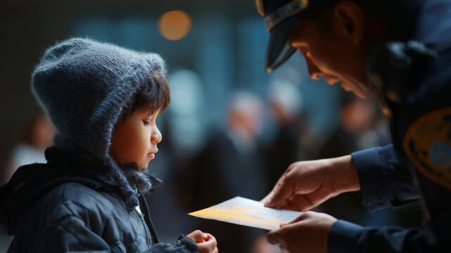 A touching moment unfolds in an urban environment as a police officer interacts with a child, handing over an important document, highlighting themes of care, connection, and community support.