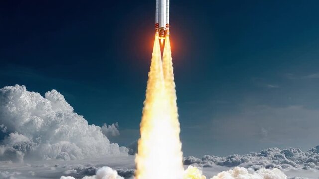 Blazing Ascent: Witness the power and wonder of a rocket soaring towards the heavens, its fiery exhaust painting a dramatic trail against a backdrop of clouds.