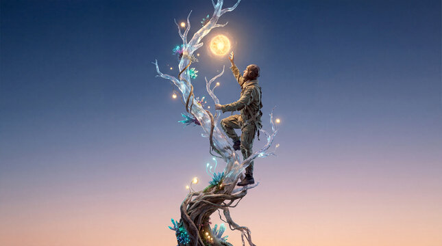 Surreal fantasy aviator climbing a magical crystal tree reaching for a glowing orb of light against a sunset sky