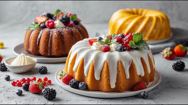 Bundt cake with lemon glaze and whipped cream and an orange chocolate ring cake decorated with berries.