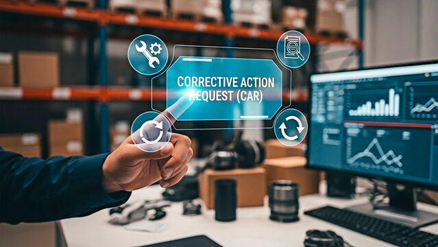 A person interacting with a virtual interface in a modern warehouse setting for quality control and corrective action - Powered by Adobe