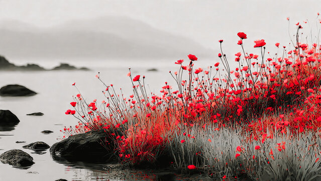 Fleurs rouges sur la rive