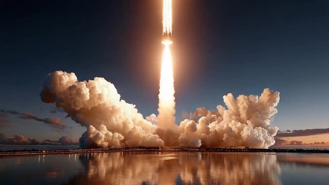 Rocket Launch into the Night Sky: A powerful rocket streaks skyward, its fiery plume igniting the night and leaving behind a trail of billowing clouds