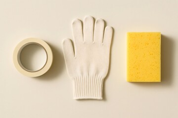 Obraz premium Decorating tools arranged on simple background. Representing home renovation, painting, cleaning, and DIY projects