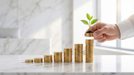 Hand placing gold coin with green plant on stack, financial investment growth concept, business profit rise, money savings increase, wealth management strategy, banking success, economic future.