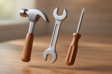 Essential hand tools, including a hammer, wrench, and screwdriver, floating above a wooden surface, signifying home improvement and utility
