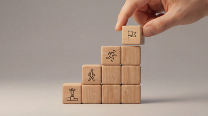 Wooden cubes stacking into staircase, steps to goal achievement, hand arranging blocks, business strategy concept, career promotion path, success metaphor, vision mission planning, minimal background.