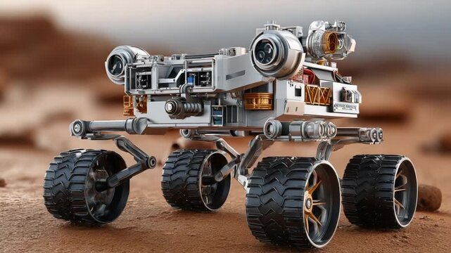 Mars Rover: Detailed depiction of a futuristic Mars rover, designed for exploring the rugged terrain of the red planet. it signifies the innovation of Technology.