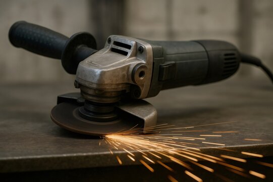 Angle grinder actively producing sparks while grinding a metal surface, showcasing industrial process and power tool operation - Powered by Adobe