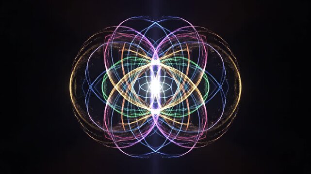 Abstract animation featuring slow convergence and divergence of vibrant, ethereal light beams creating mesmerizing geometric patterns future, network, analysis