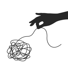 human hand and tangled lines. Concepts of psychotherapy, psychology, positive thinking, solution-oriented thinking. Unraveling chaotic thoughts.