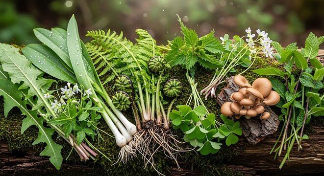 Fresh Wild Herbs and Mushrooms on Wood.