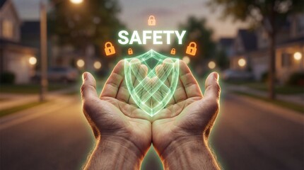 Hands holding green glowing safety shield, secure home protection concept, 3d padlock icon, residential neighborhood background, digital security symbol, insurance, defense, property guard, night.