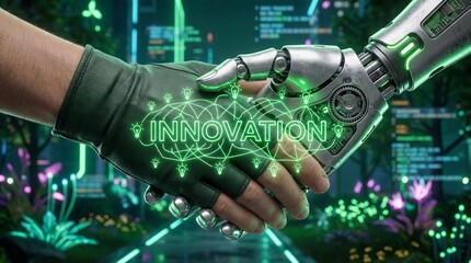 Cybernetic hand shaking human hand, innovation hologram text, futuristic ai technology agreement, glowing green data background, smart industry automation concept.