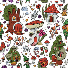 Vector pattern with gnomes and mushroom houses. Forest fairytale world. Seamless background with magical characters.