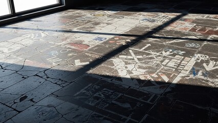 Sunlight streams across a cracked tile floor with faded colorful patterns