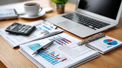 Financial Workspace: A neat workspace features essential tools for financial analysis and productivity. Spreadsheets, laptop, and coffee create an inviting setting. 