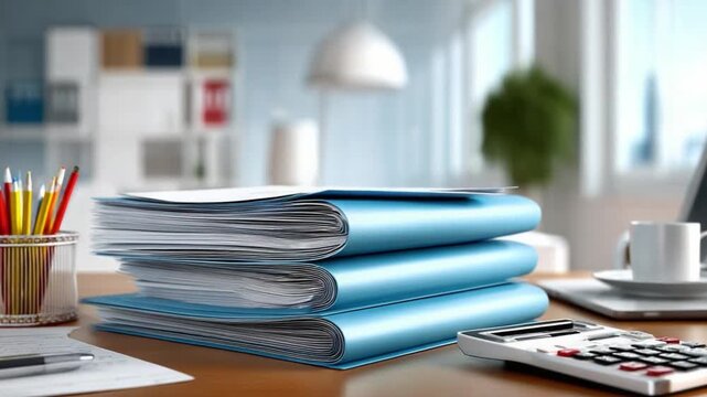 Organized Files: A desk scene featuring a stack of neatly arranged files and essential stationery, perfectly capturing the essence of an organized workspace.