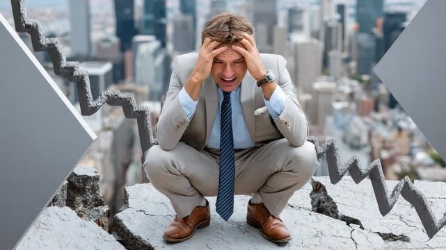 Economic Crisis: A stressed businessman, perched precariously on a crumbling ledge, epitomizes the anxieties of financial downturns.