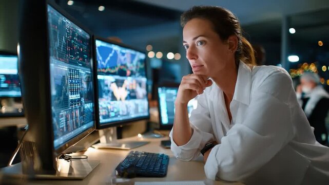 Focused Monitoring: A concentrated professional meticulously examines intricate data, her gaze fixed upon multiple screens displaying dynamic information in a modern control room.