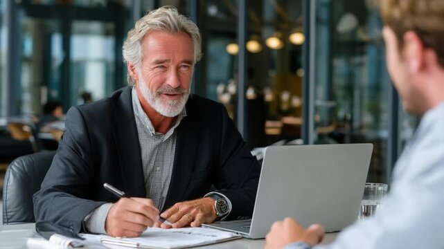 Business meeting: A candid shot of a business meeting between two professionals in a modern office space, one taking notes while the other speaks.