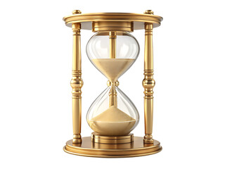 An antique wooden hourglass with golden sand acts as a vintage measurement instrument and countdown timer isolated on a white background to represent the passing of time and a looming deadline