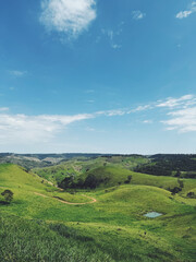 Obraz premium Green rolling hills landscape with rural path under blue sky