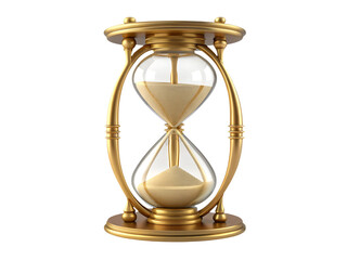 A vintage gold 3D hourglass with flowing sand acts as an antique time measurement instrument and business countdown timer symbol for deadlines on an isolated white background