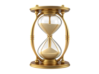 A vintage gold 3D hourglass with flowing sand acts as an antique time measurement instrument and business countdown timer symbol for deadlines on an isolated white background