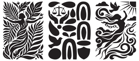 Collection of abstract black and white graphic elements representing freedom, justice, and nature. © Riki