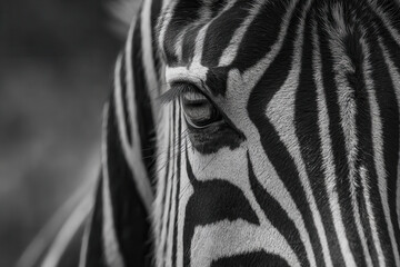 Close-up of a zebra's eye in black and white