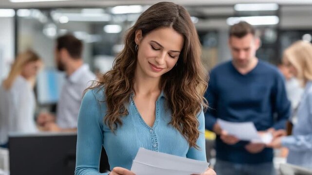 Focused Work: A focused woman carefully reviews documents in a collaborative office setting, highlighting a commitment to attention to detail and team work.